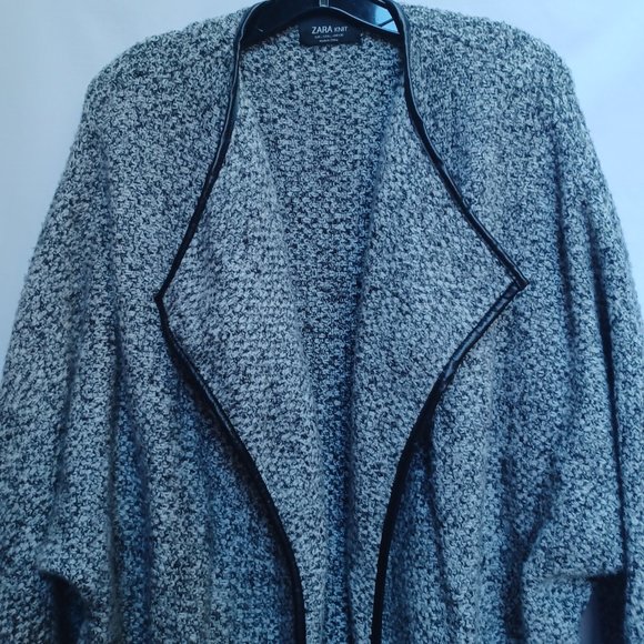 SOLD! - Zara Wool Blend Knit Sweater Coat Cardigan, Faux Leather Trim, Large - Picture 3 of 9